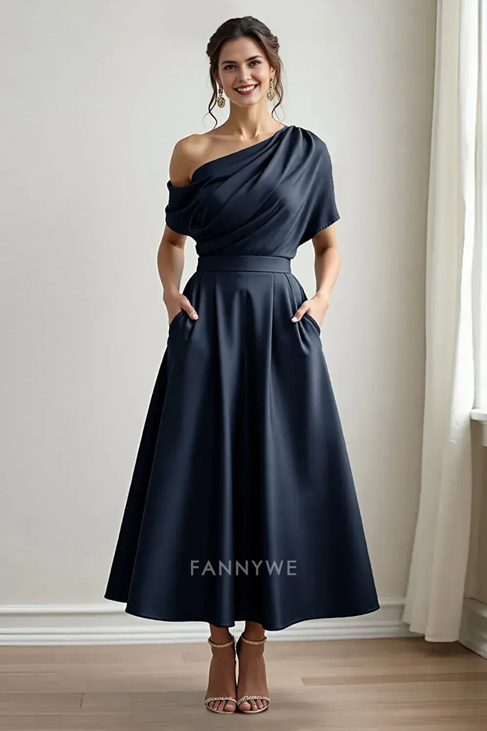 Elegant One - Shoulder Satin Midi Dress with Pockets Mother of the Bride Dress