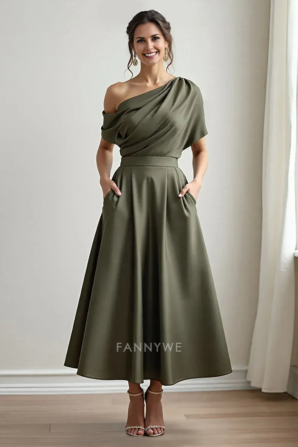 Elegant One - Shoulder Satin Midi Dress with Pockets Mother of the Bride Dress