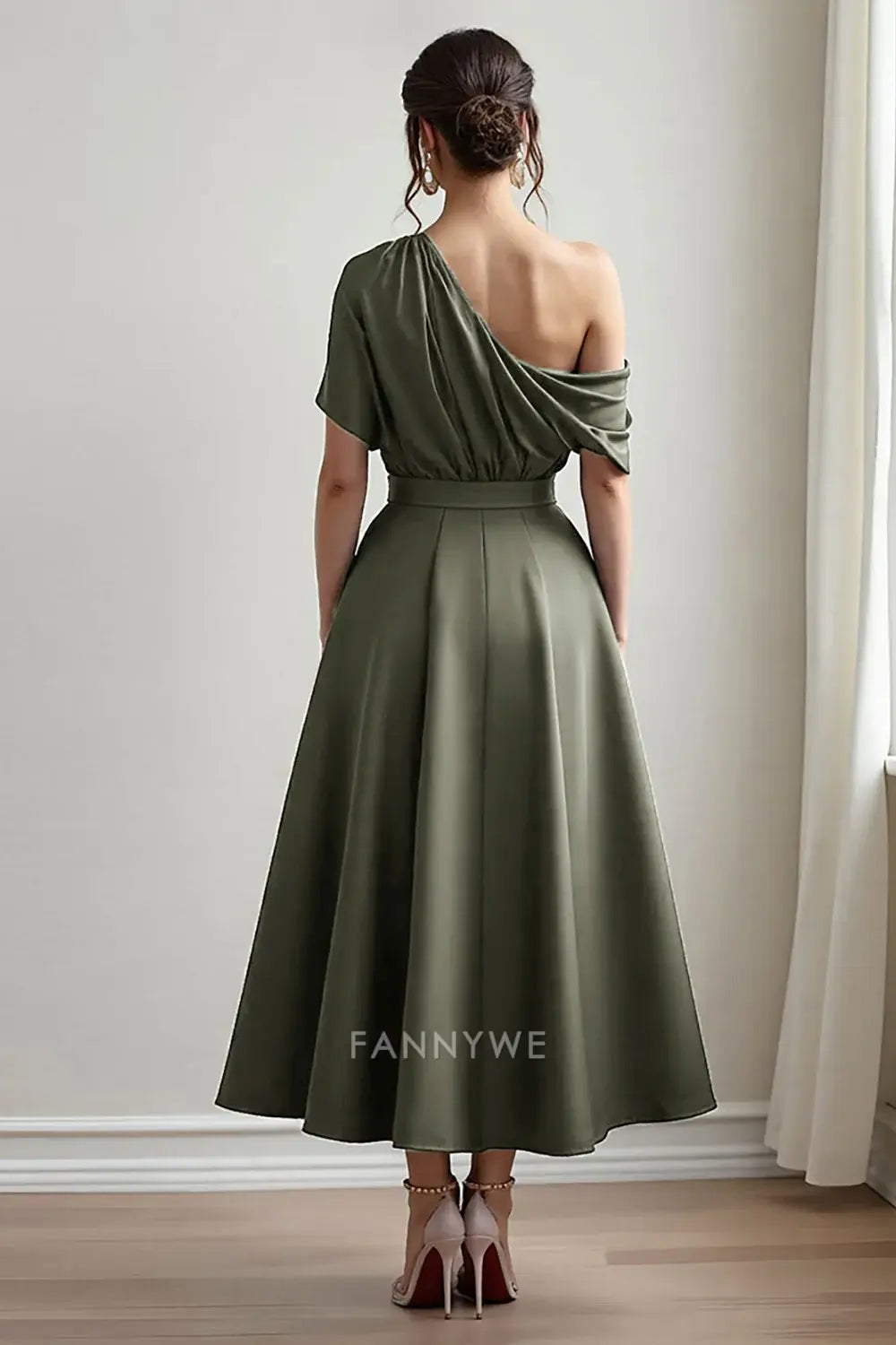 Elegant One - Shoulder Satin Midi Dress with Pockets Mother of the Bride Dress