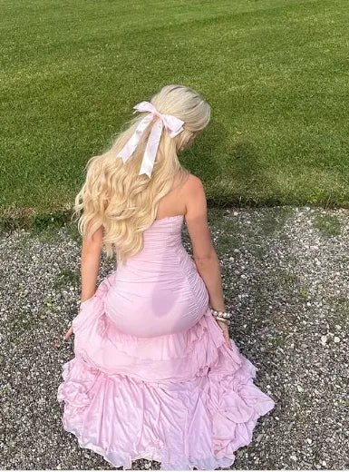 Elegant Pink Satin Strapless Pleated High Slit Midi Evening Dresses