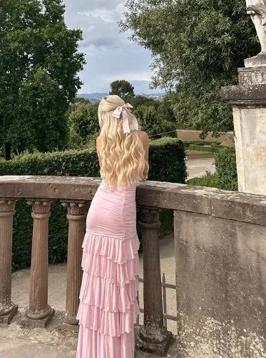 Elegant Pink Satin Strapless Pleated High Slit Midi Evening Dresses