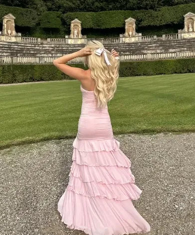 Elegant Pink Satin Strapless Pleated High Slit Midi Evening Dresses