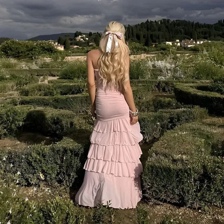 Elegant Pink Satin Strapless Pleated High Slit Midi Evening Dresses