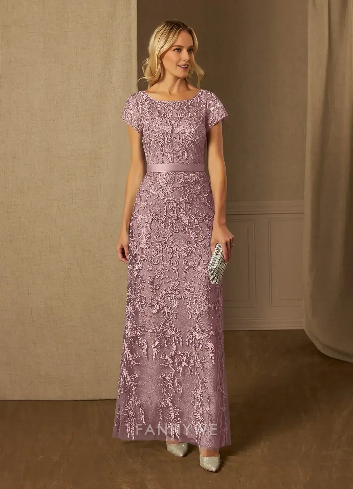 Elegant Plus Size Boat Neck Lace A-Line Maxi Dress with Sash Tie Back Mother of the Bride Dress