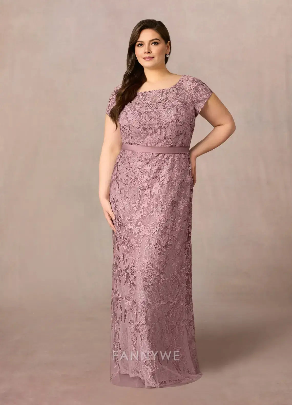 Elegant Plus Size Boat Neck Lace A-Line Maxi Dress with Sash Tie Back Mother of the Bride Dress
