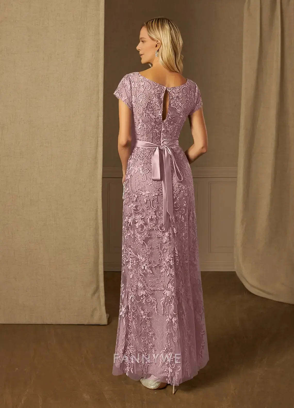 Elegant Plus Size Boat Neck Lace A-Line Maxi Dress with Sash Tie Back Mother of the Bride Dress