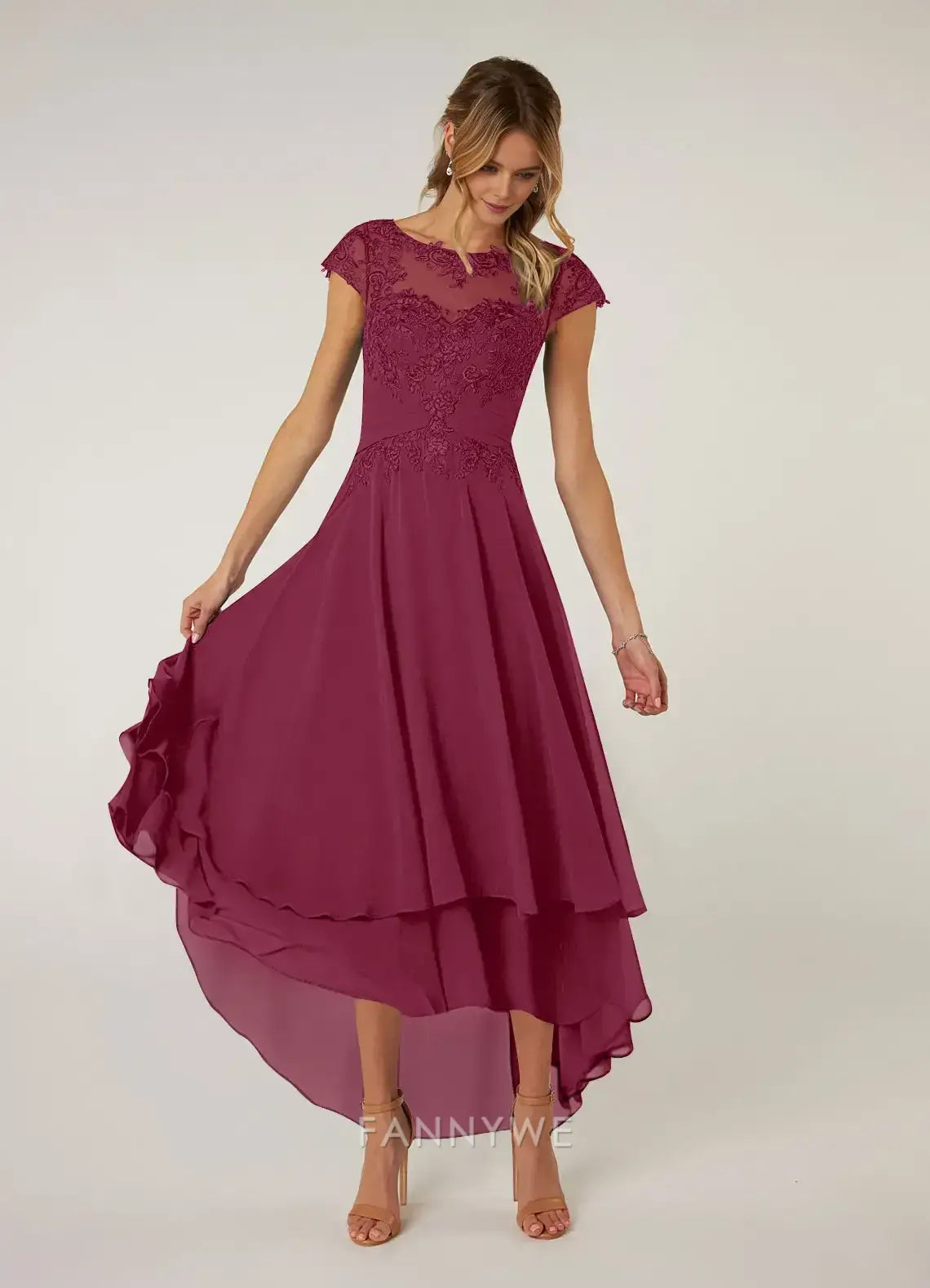 Elegant Plus Size Cap Sleeve Lace Embellished High-Low Chiffon Dress Mother of the Bride Dress