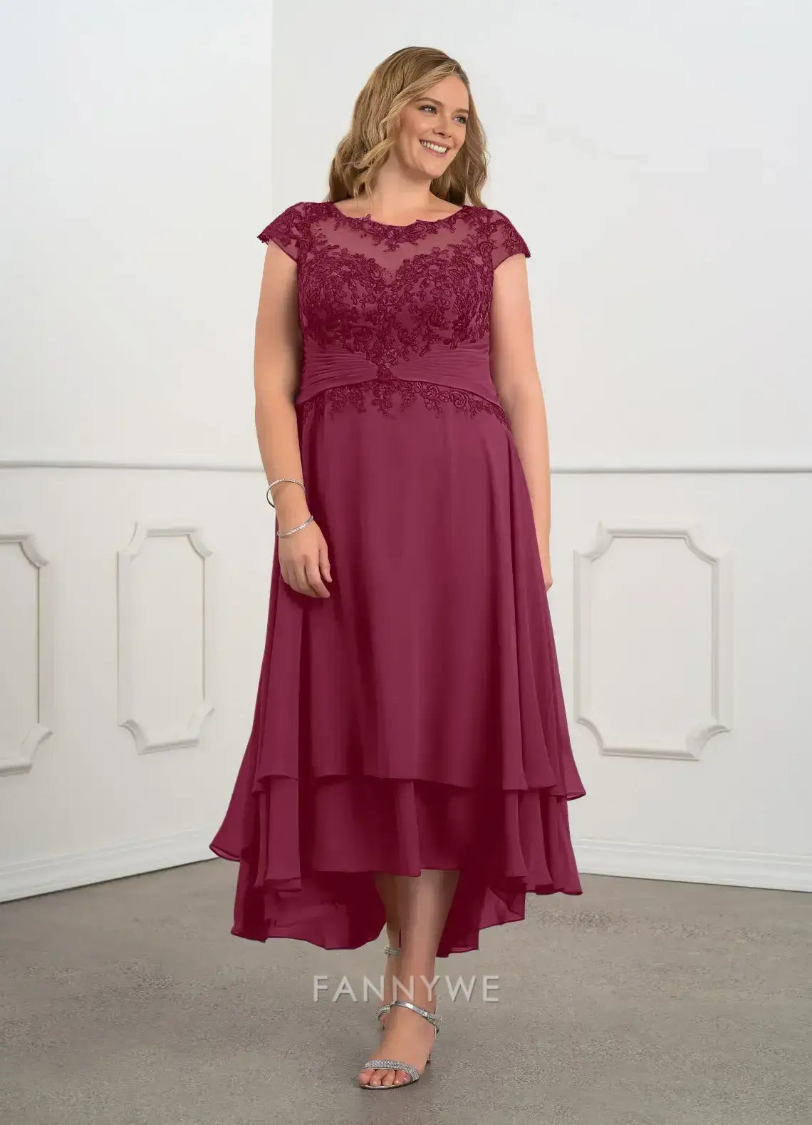 Elegant Plus Size Cap Sleeve Lace Embellished High-Low Chiffon Dress Mother of the Bride Dress