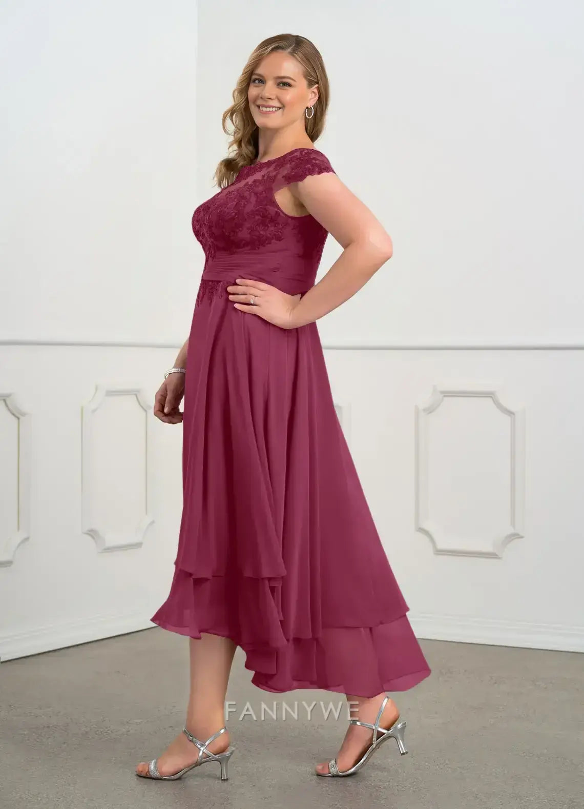 Elegant Plus Size Cap Sleeve Lace Embellished High-Low Chiffon Dress Mother of the Bride Dress