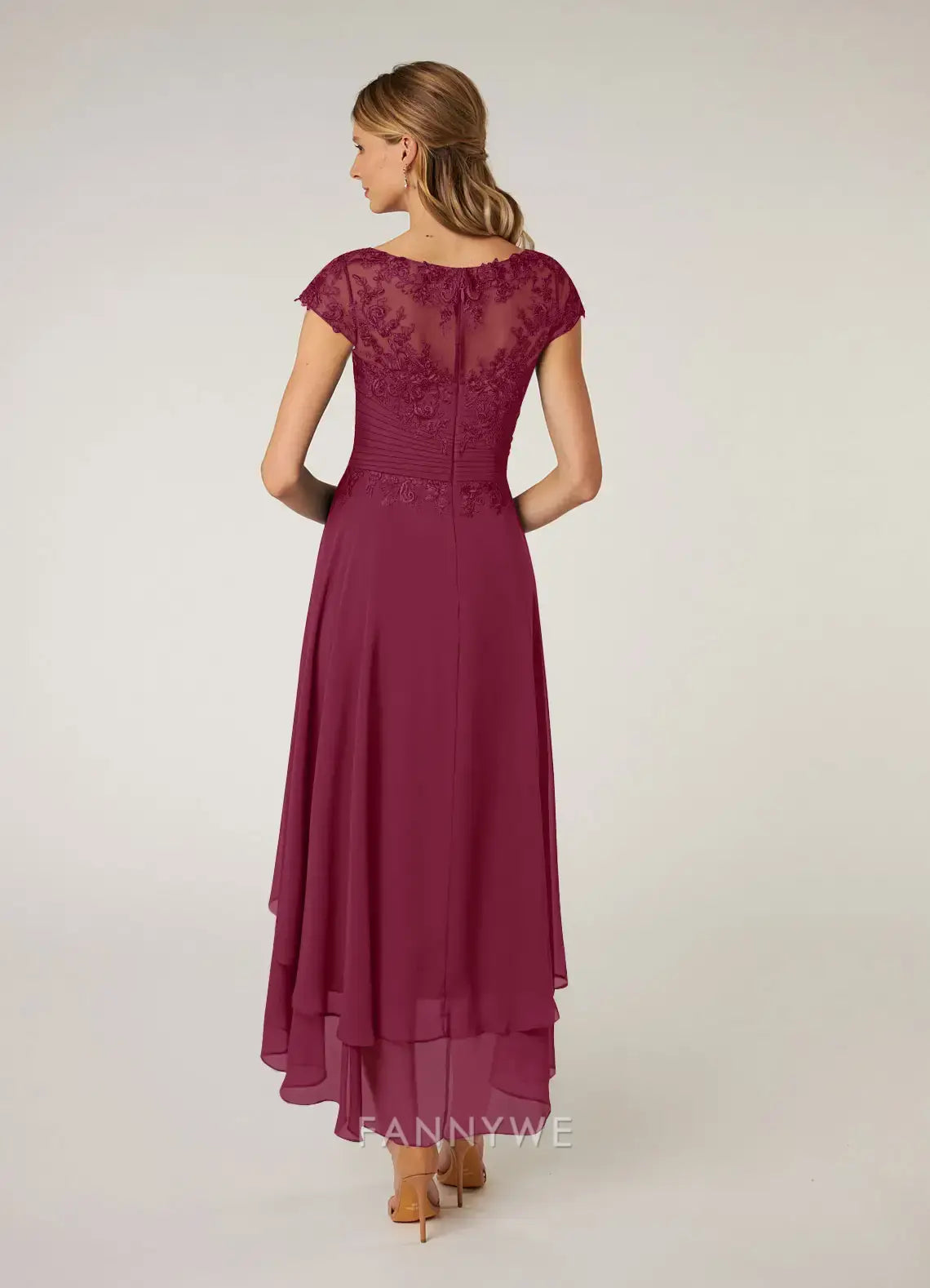 Elegant Plus Size Cap Sleeve Lace Embellished High-Low Chiffon Dress Mother of the Bride Dress