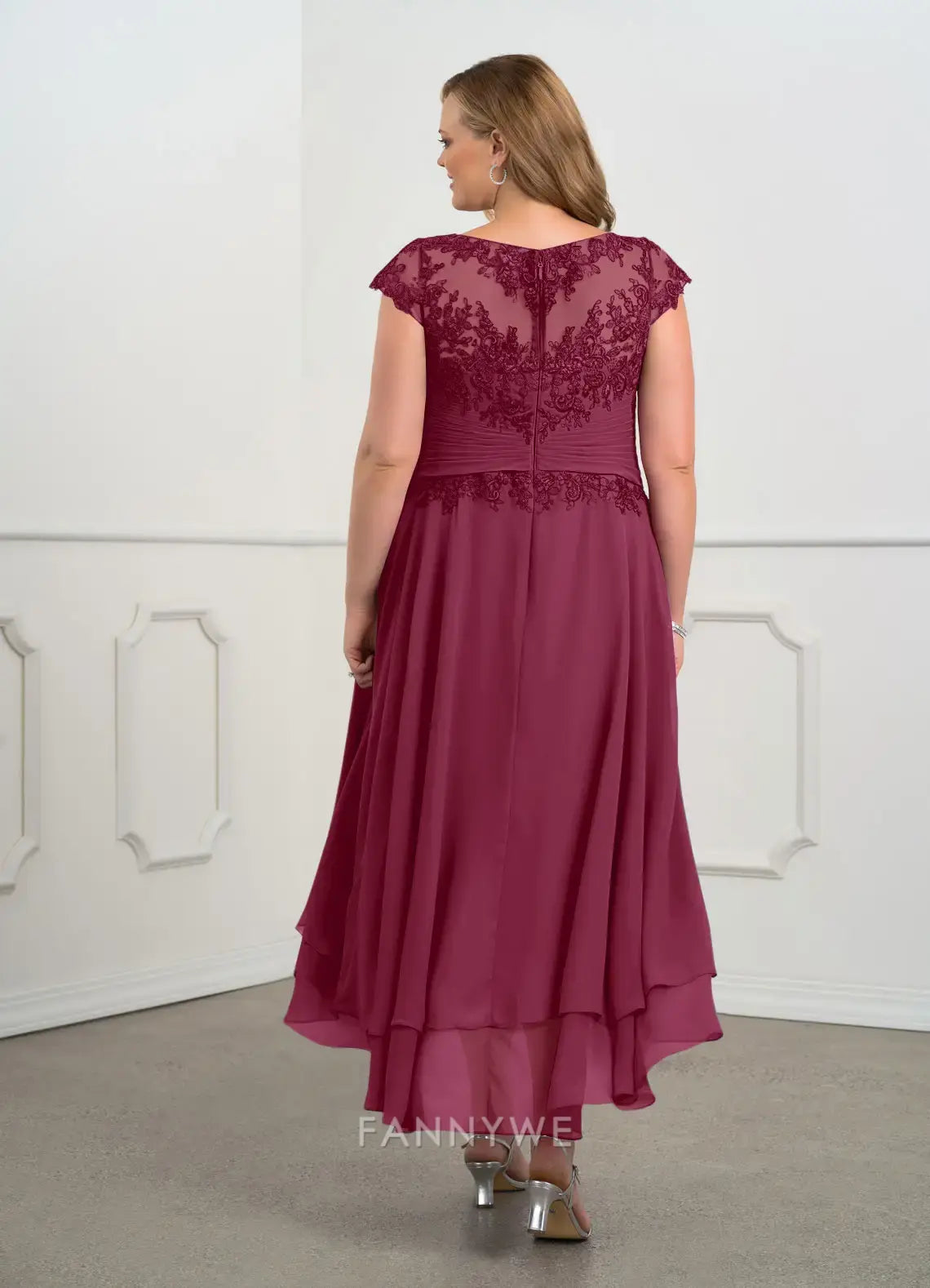 Elegant Plus Size Cap Sleeve Lace Embellished High-Low Chiffon Dress Mother of the Bride Dress