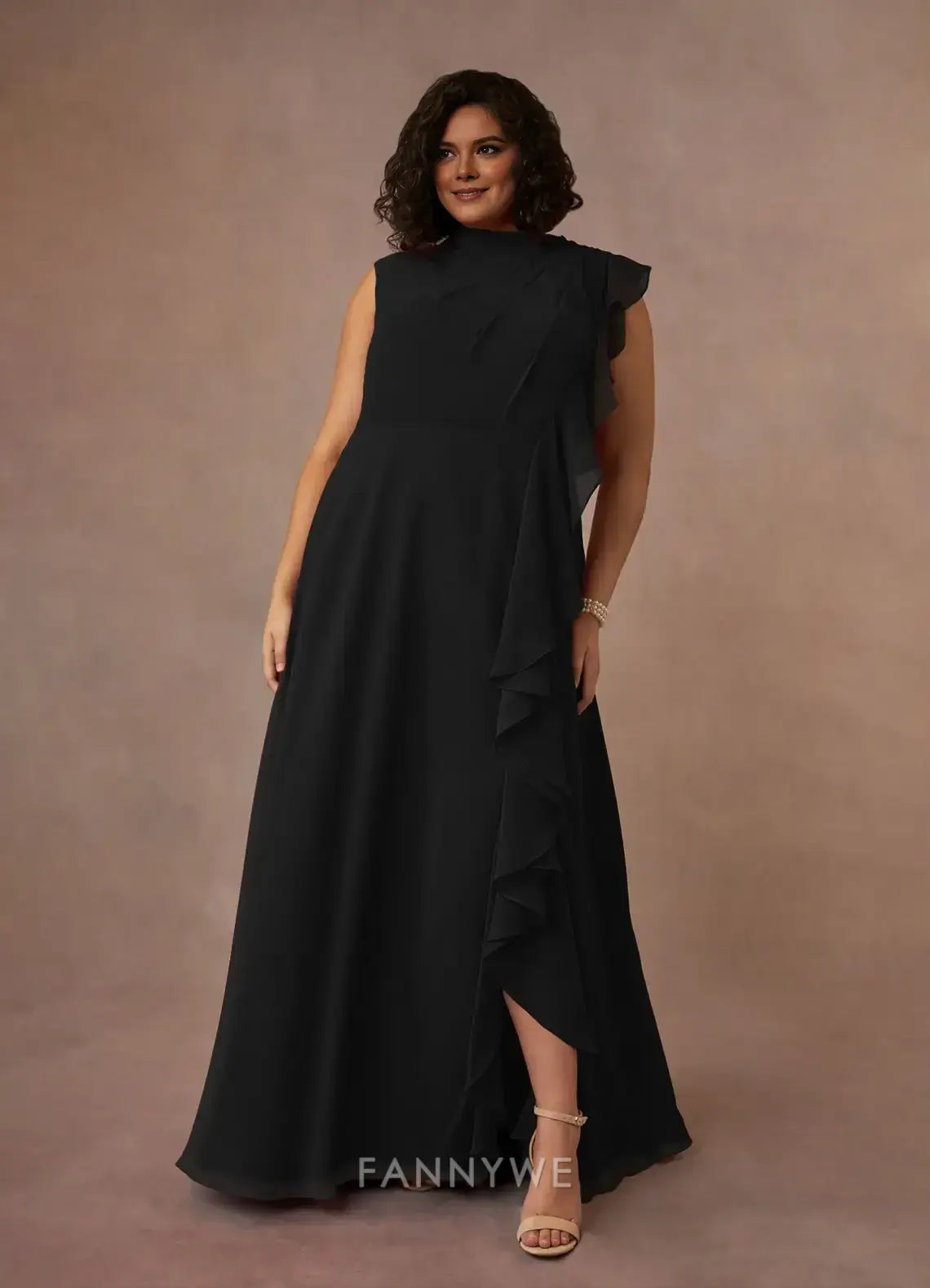 Elegant Plus Size High Neck Ruffled Chiffon A-Line Maxi Dress with Side Slit Mother of the Bride Dress