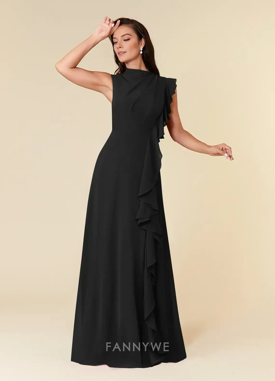Elegant Plus Size High Neck Ruffled Chiffon A-Line Maxi Dress with Side Slit Mother of the Bride Dress