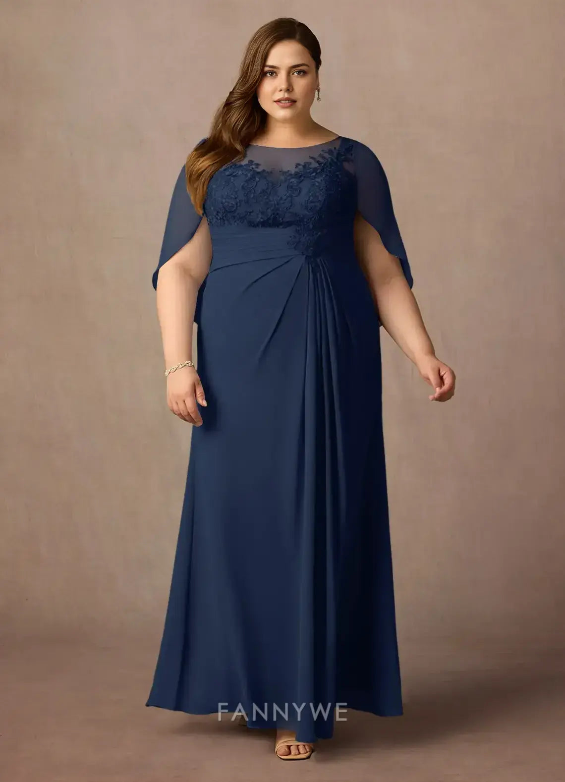 Elegant Plus Size Illusion Neck Lace Detail Cape Sleeve Maxi Dress Mother of the Bride Dress