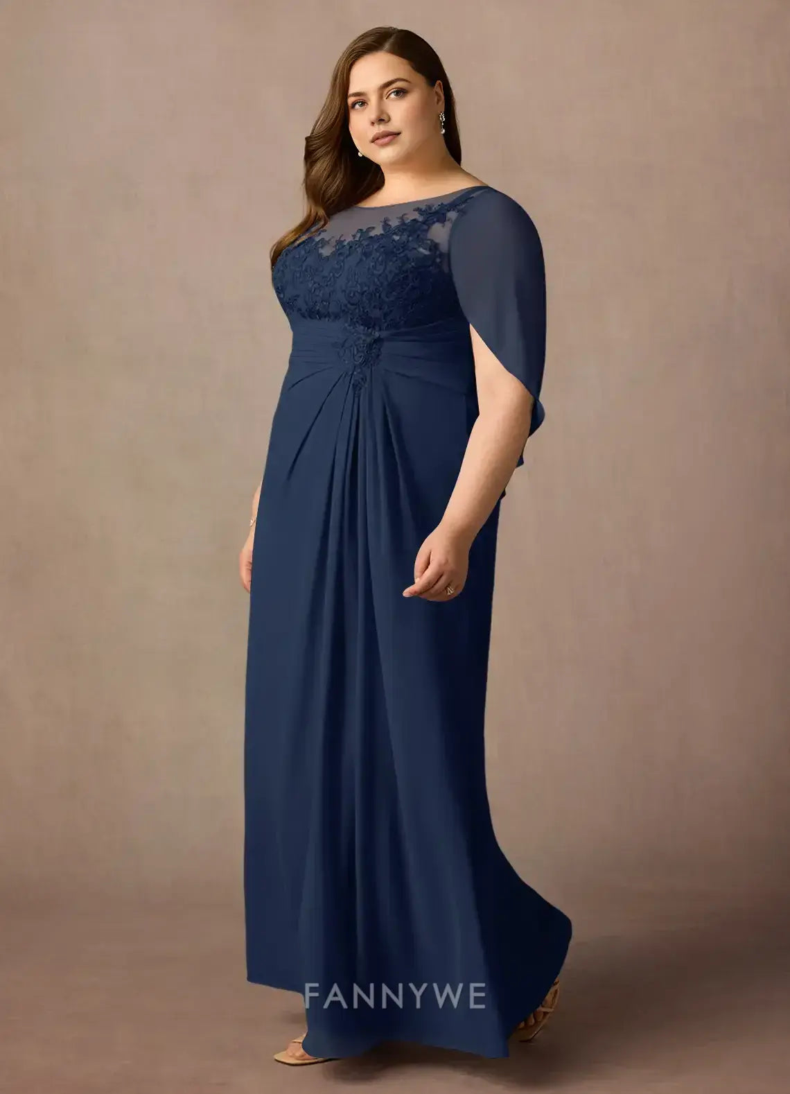 Elegant Plus Size Illusion Neck Lace Detail Cape Sleeve Maxi Dress Mother of the Bride Dress