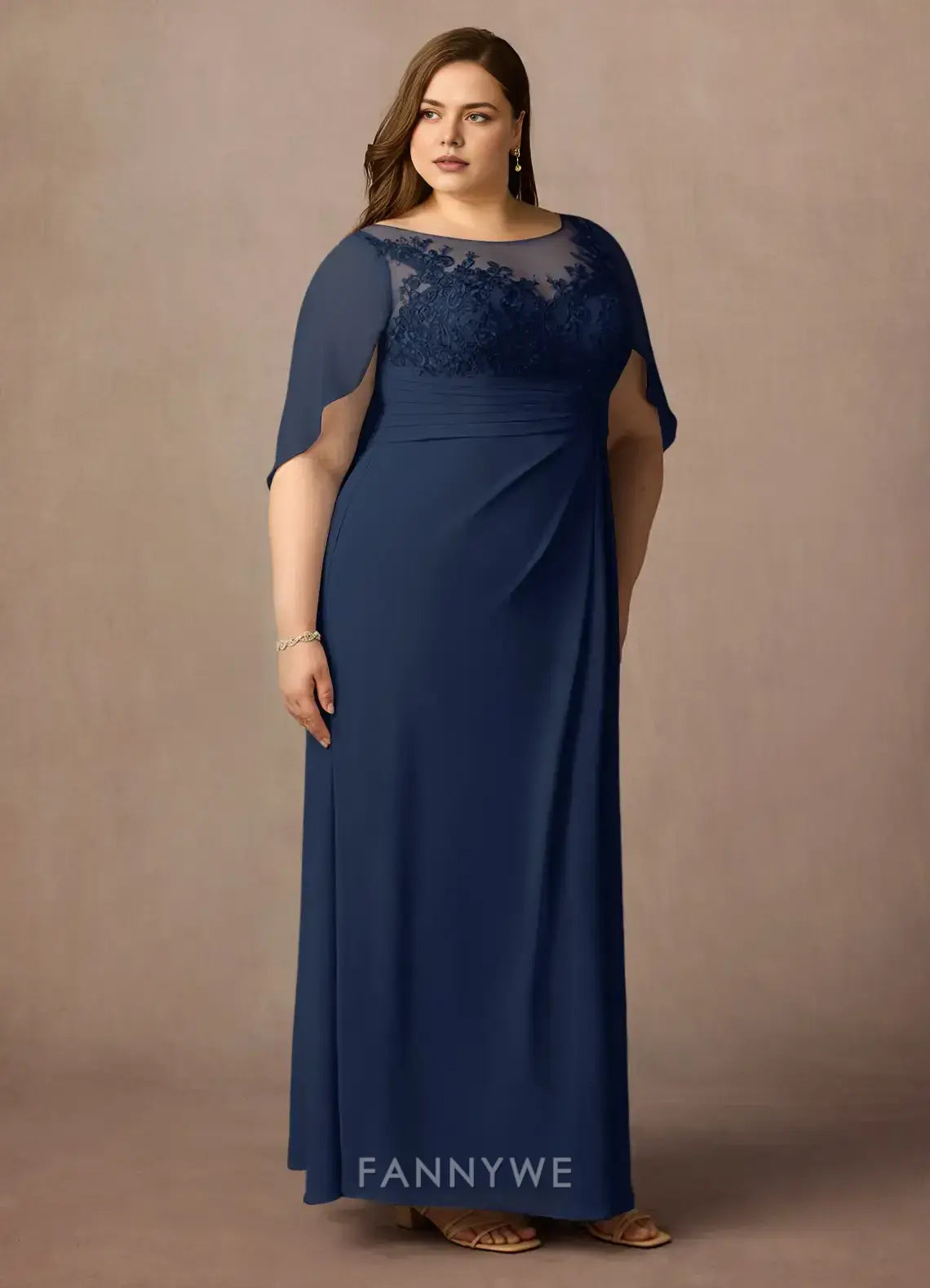 Elegant Plus Size Illusion Neck Lace Detail Cape Sleeve Maxi Dress Mother of the Bride Dress