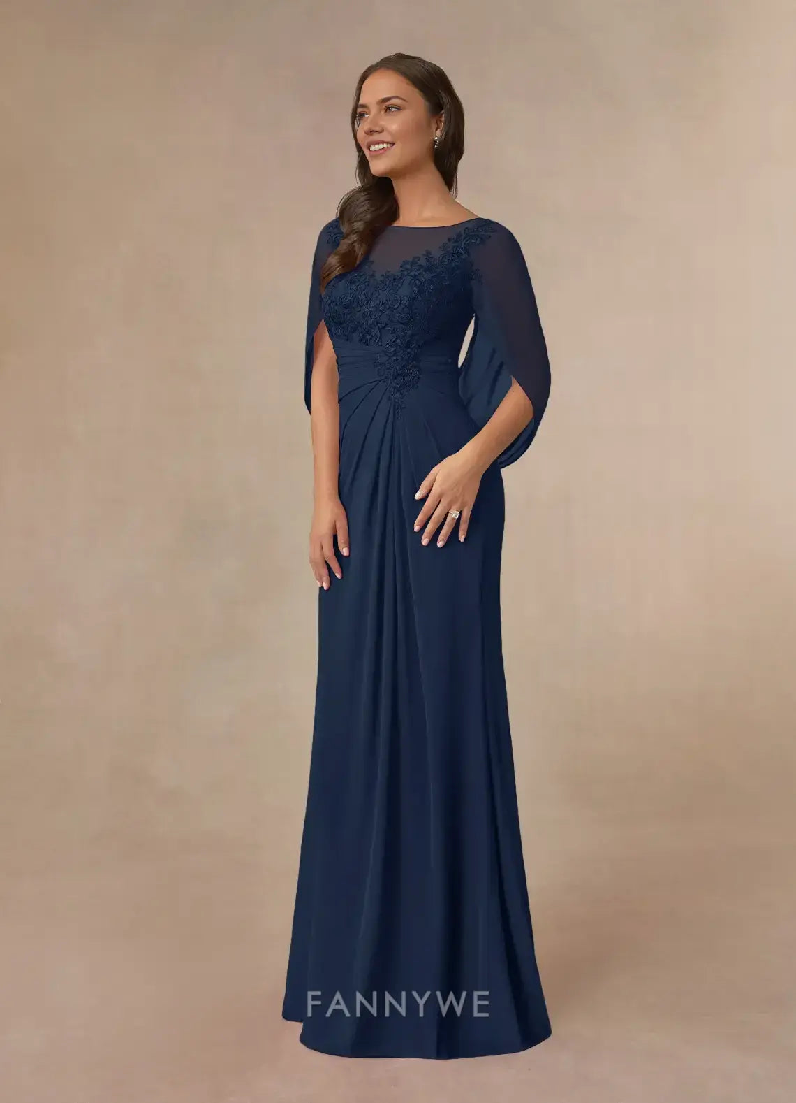 Elegant Plus Size Illusion Neck Lace Detail Cape Sleeve Maxi Dress Mother of the Bride Dress