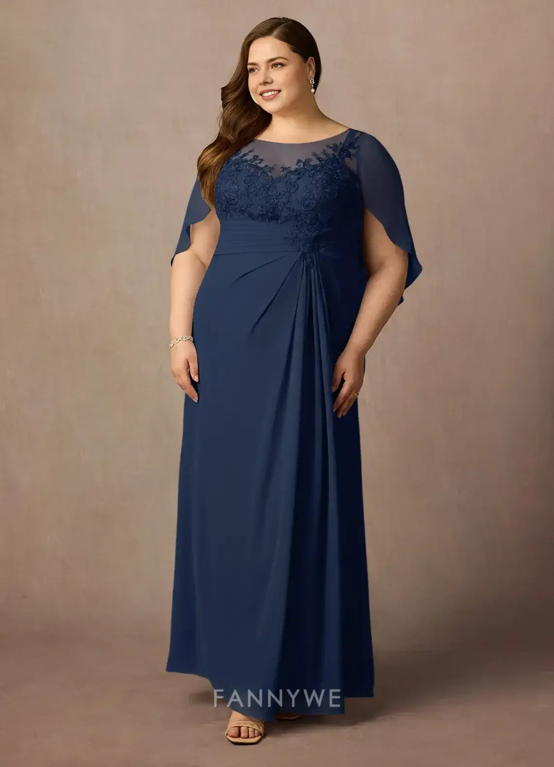 Elegant Plus Size Illusion Neck Lace Detail Cape Sleeve Maxi Dress Mother of the Bride Dress