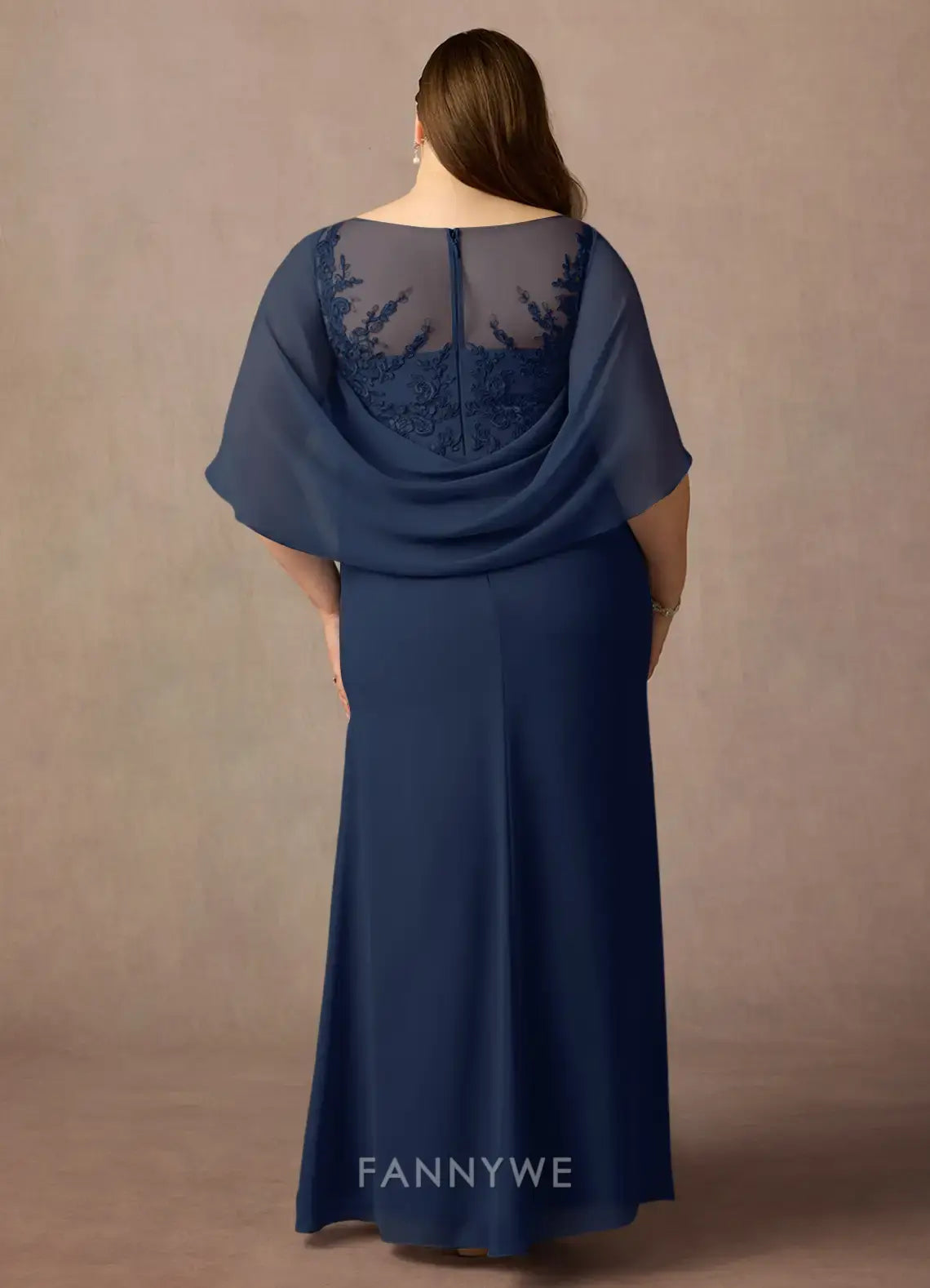 Elegant Plus Size Illusion Neck Lace Detail Cape Sleeve Maxi Dress Mother of the Bride Dress