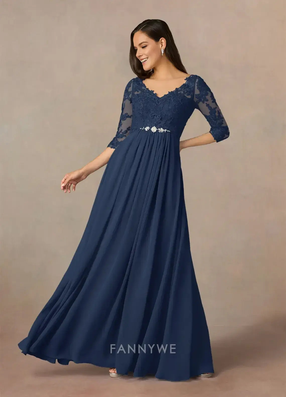 Elegant Plus Size Plunging V-Neck Lace-Embroidered A-Line Maxi Dress with Illusion Sleeves Mother of the Bride Dress