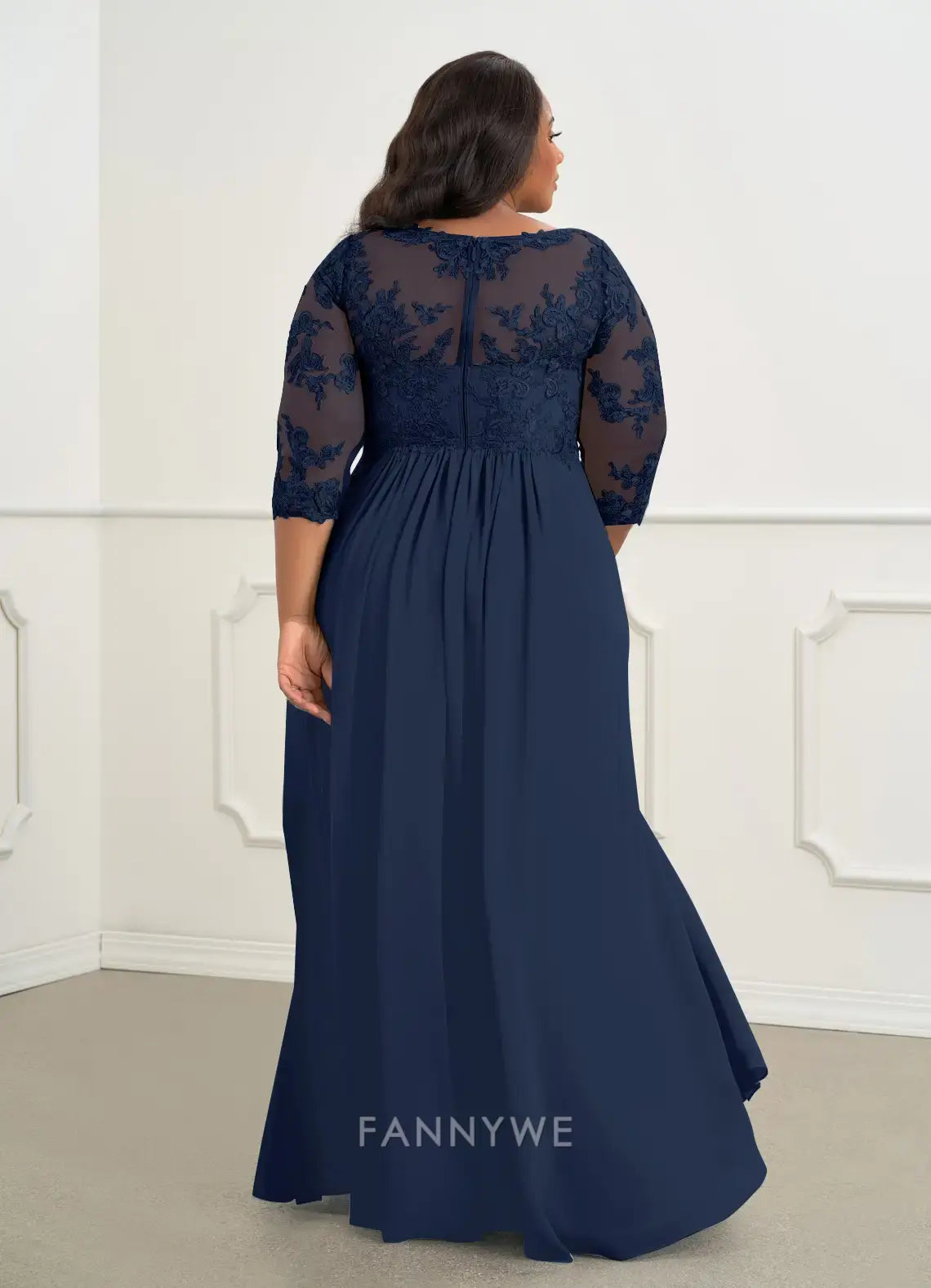 Elegant Plus Size Plunging V-Neck Lace-Embroidered A-Line Maxi Dress with Illusion Sleeves Mother of the Bride Dress