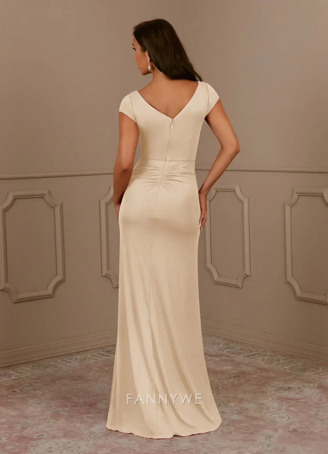 Elegant Plus Size Plunging V-Neck Ruched Ruffled High Slit Mermaid Maxi Dress Mother of the Bride Dress