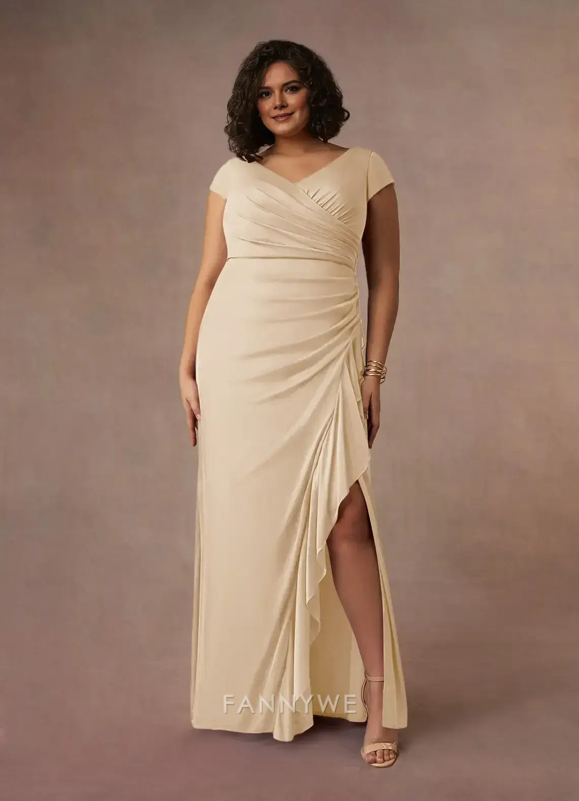 Elegant Plus Size Plunging V-Neck Ruched Ruffled High Slit Mermaid Maxi Dress Mother of the Bride Dress