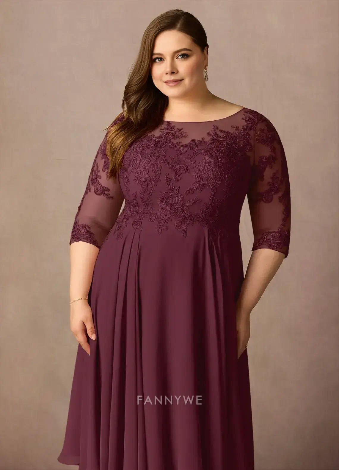 Elegant Plus Size Round Neck Lace Appliqué Three-Quarter Sleeve Chiffon A-Line Midi Dress Mother of the Bride Dress