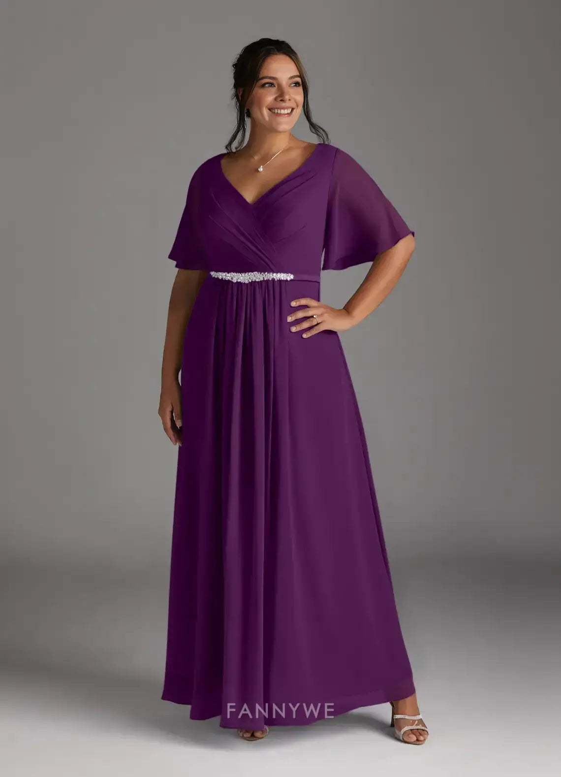 Elegant Plus Size V-Neck Chiffon A-Line Maxi Dress with Flutter Sleeves and Embellished Waist Mother of the Bride Dress