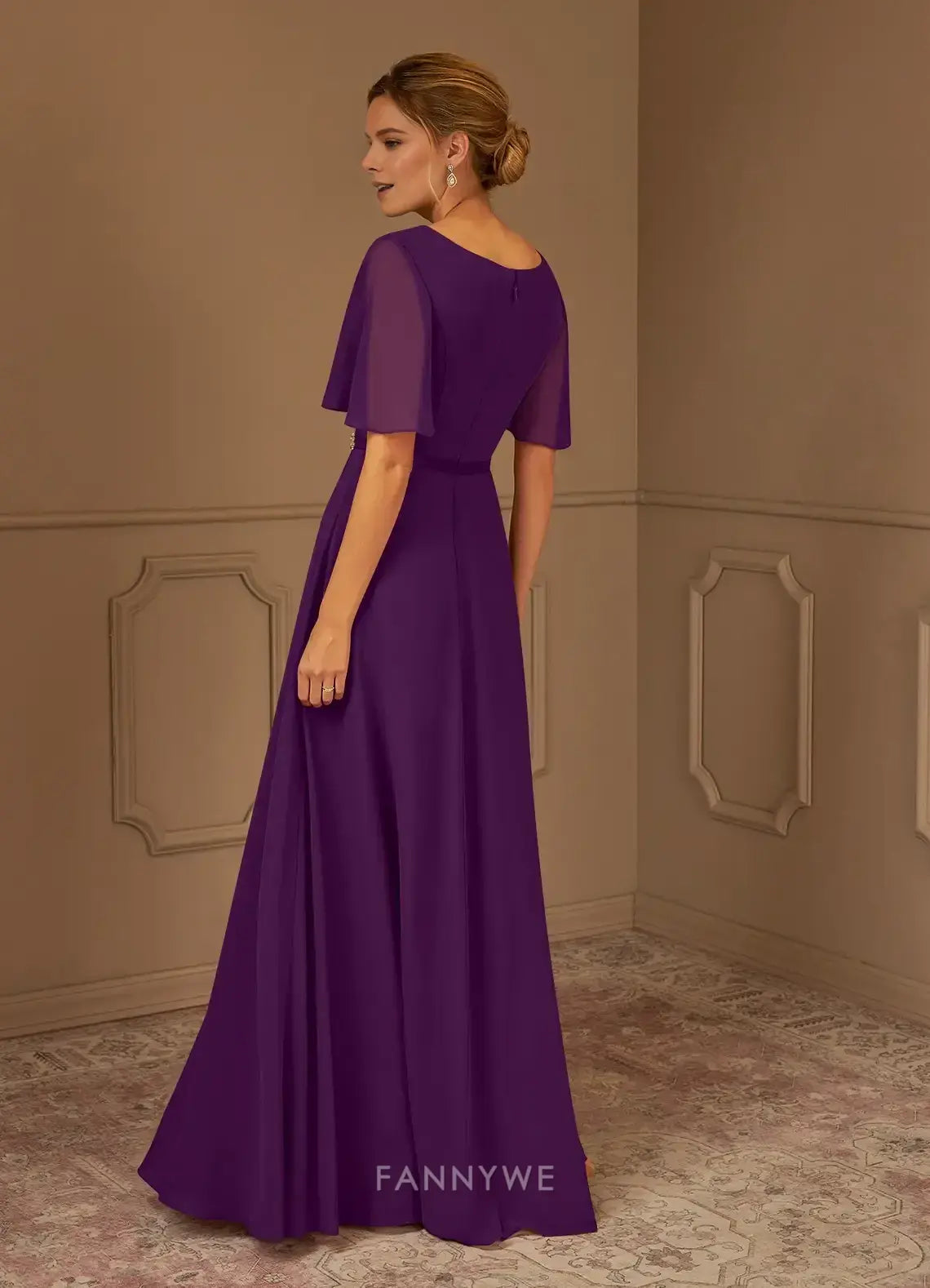 Elegant Plus Size V-Neck Chiffon A-Line Maxi Dress with Flutter Sleeves and Embellished Waist Mother of the Bride Dress