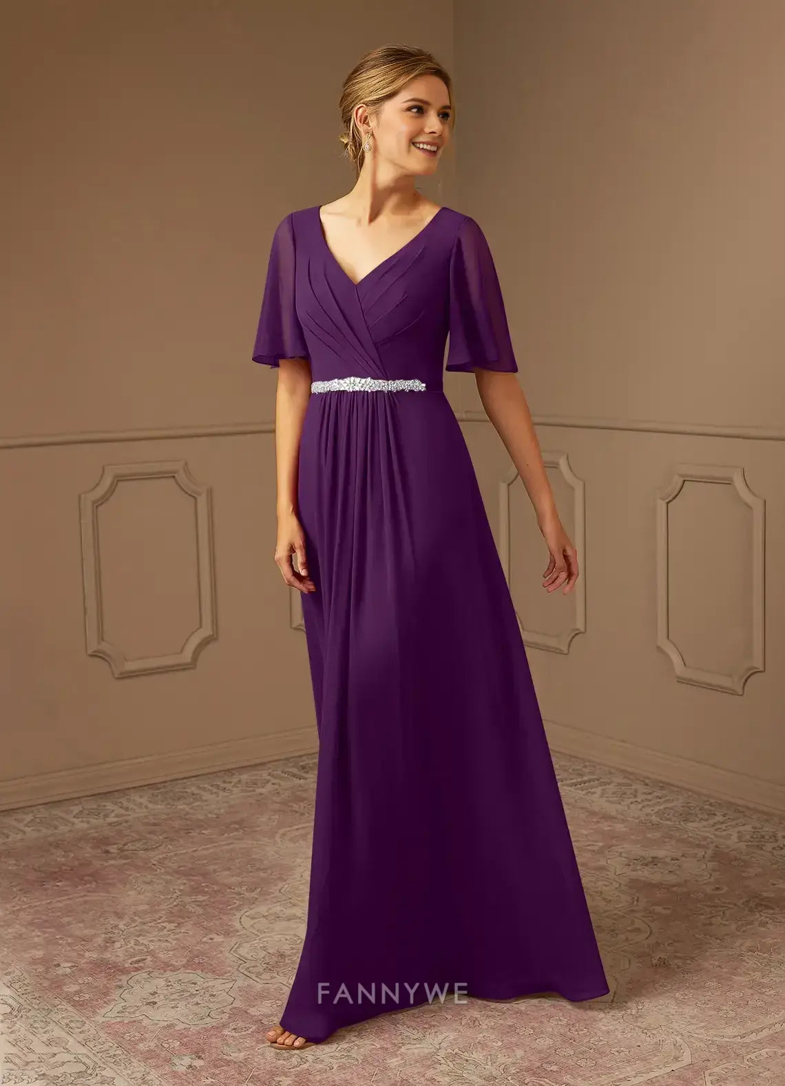 Elegant Plus Size V-Neck Chiffon A-Line Maxi Dress with Flutter Sleeves and Embellished Waist Mother of the Bride Dress