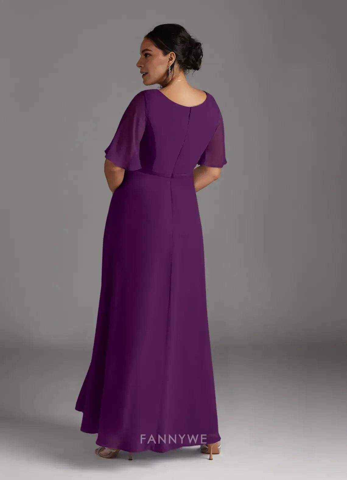 Elegant Plus Size V-Neck Chiffon A-Line Maxi Dress with Flutter Sleeves and Embellished Waist Mother of the Bride Dress