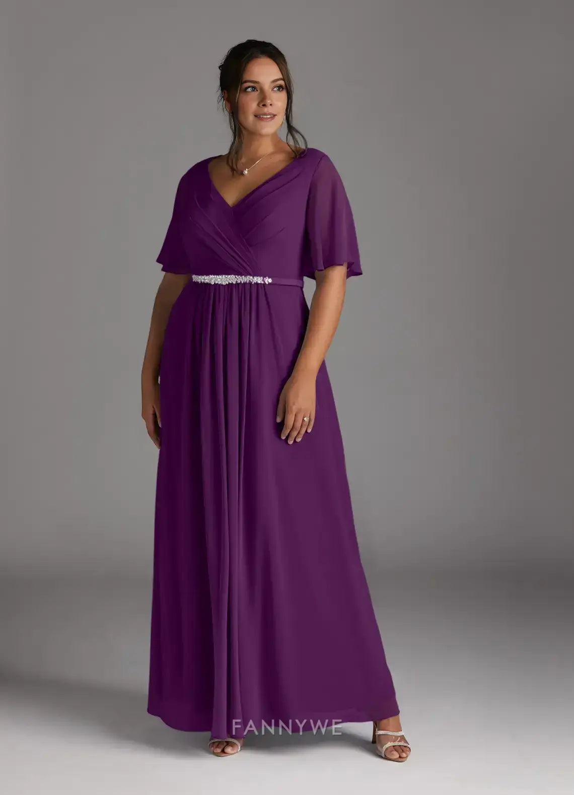Elegant Plus Size V-Neck Chiffon A-Line Maxi Dress with Flutter Sleeves and Embellished Waist Mother of the Bride Dress