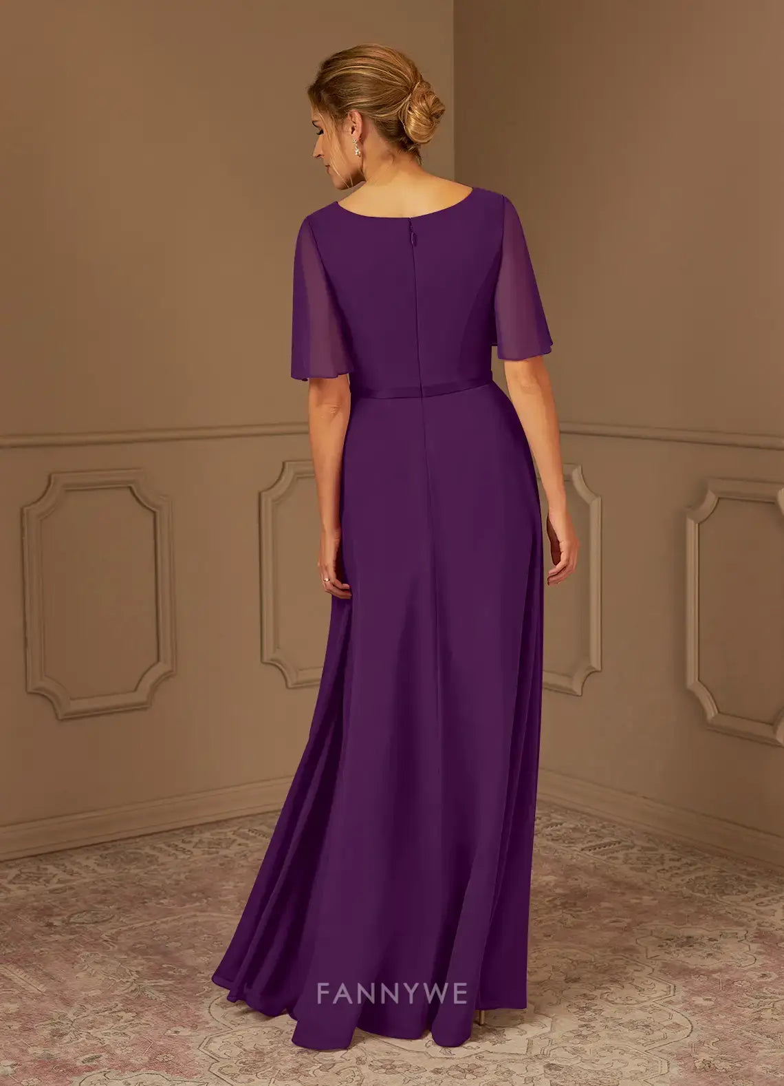 Elegant Plus Size V-Neck Chiffon A-Line Maxi Dress with Flutter Sleeves and Embellished Waist Mother of the Bride Dress