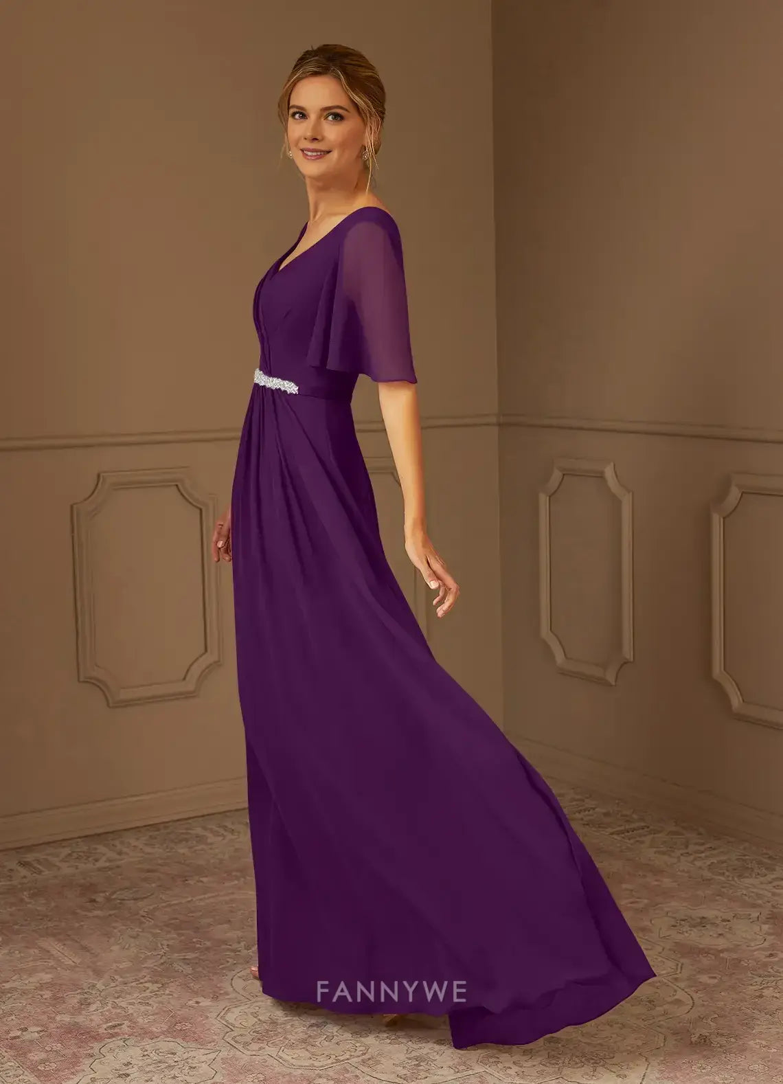 Elegant Plus Size V-Neck Chiffon A-Line Maxi Dress with Flutter Sleeves and Embellished Waist Mother of the Bride Dress