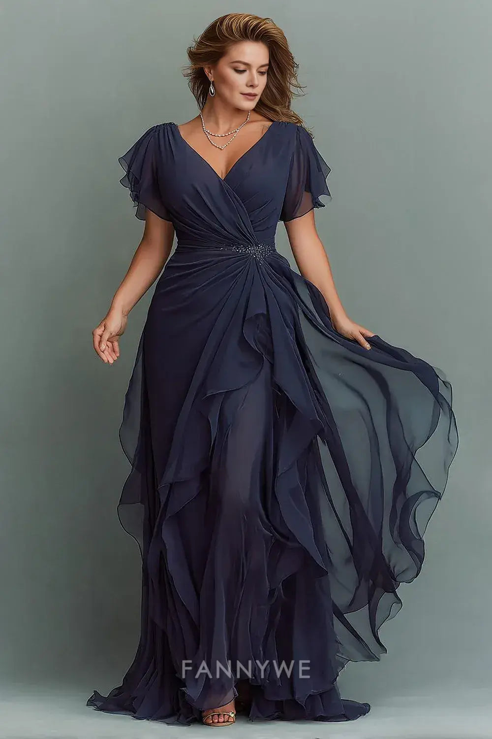 Elegant Plus Size V - Neck Ruffled Chiffon Maxi Dress Mother of the Bride Dress