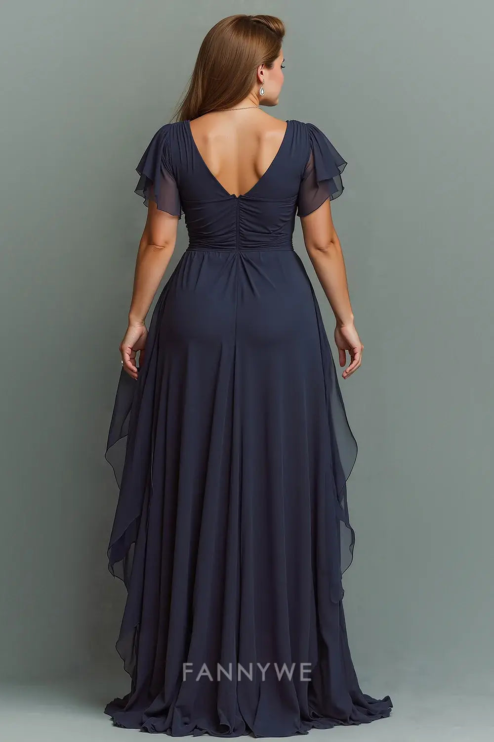 Elegant Plus Size V - Neck Ruffled Chiffon Maxi Dress Mother of the Bride Dress