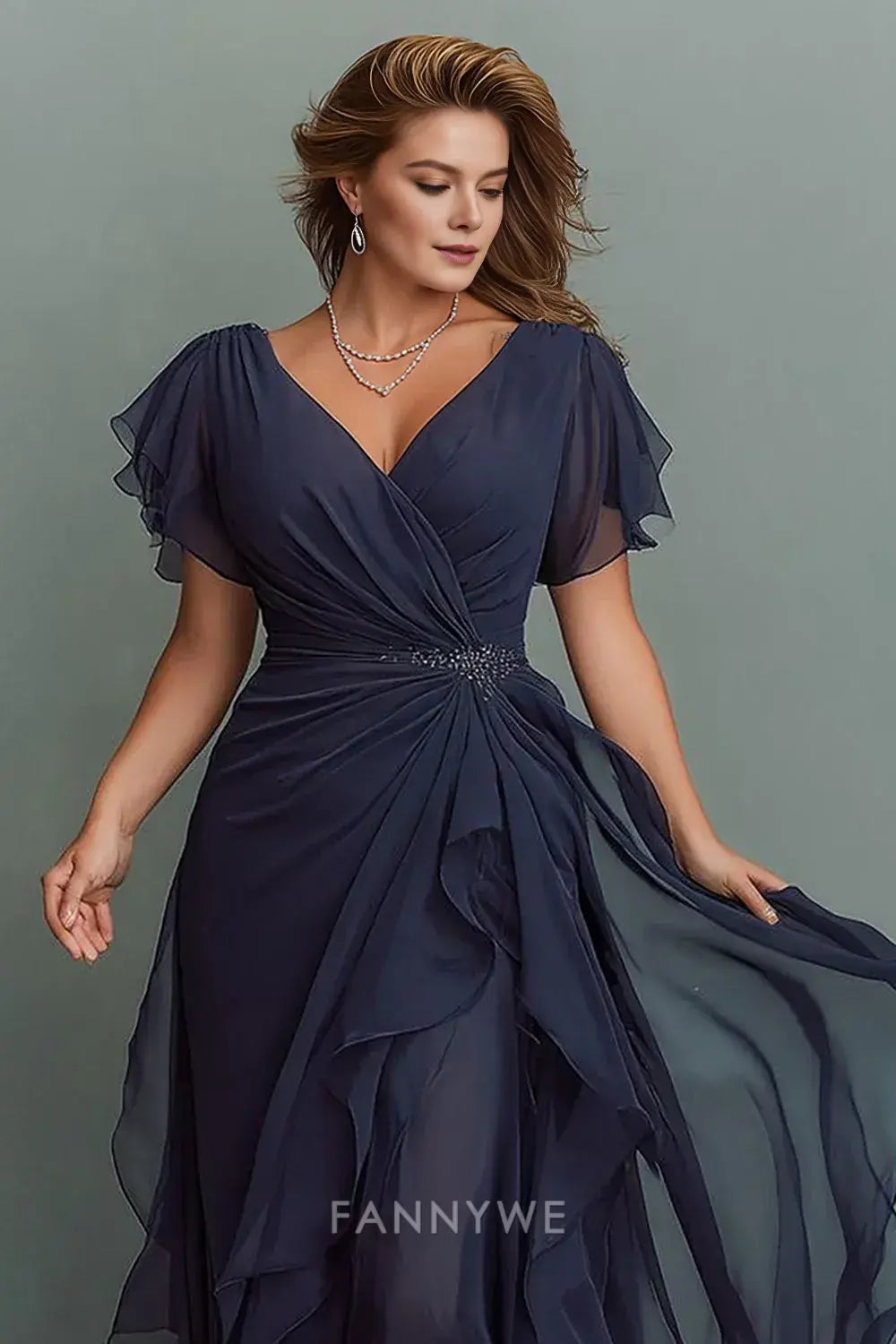Elegant Plus Size V - Neck Ruffled Chiffon Maxi Dress Mother of the Bride Dress