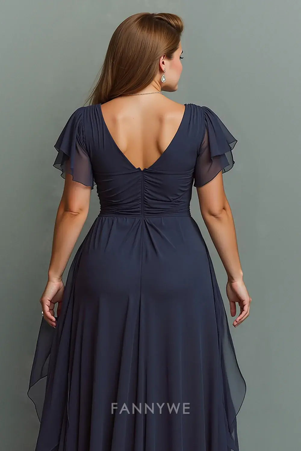 Elegant Plus Size V - Neck Ruffled Chiffon Maxi Dress Mother of the Bride Dress