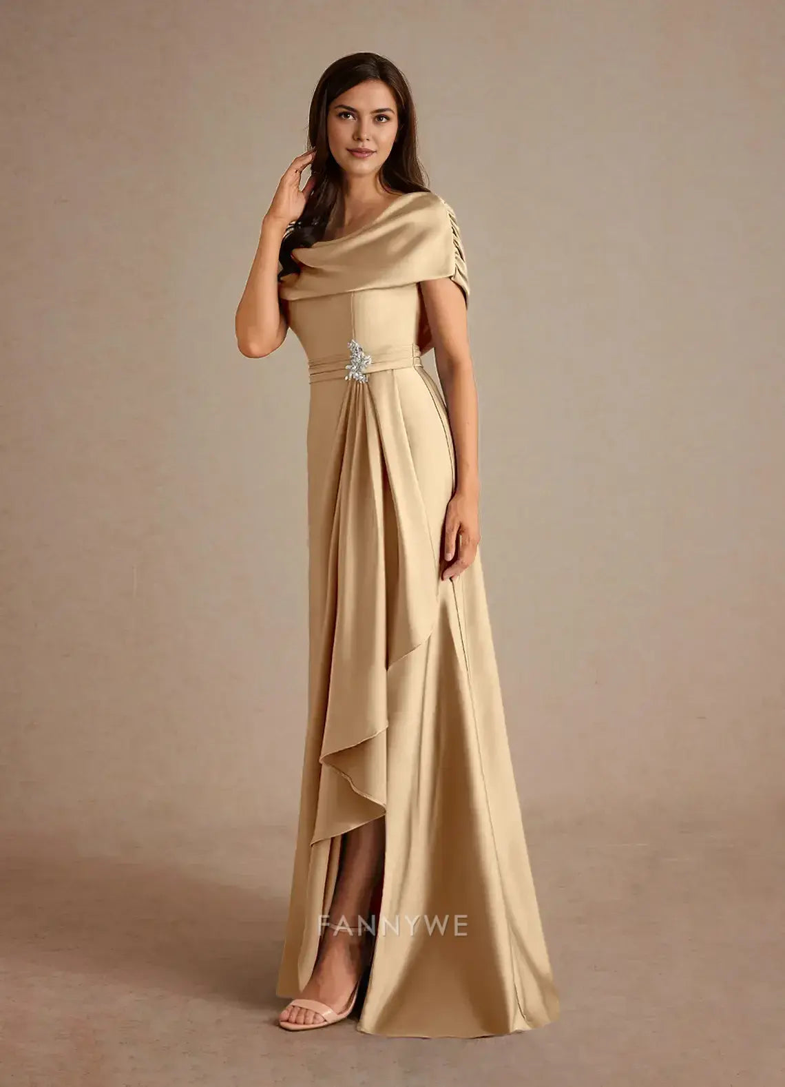 Elegant Plus size A-Line Cowl Neck Satin Maxi Dress with Side Slit and Embellishment Mother of the Bride Dress