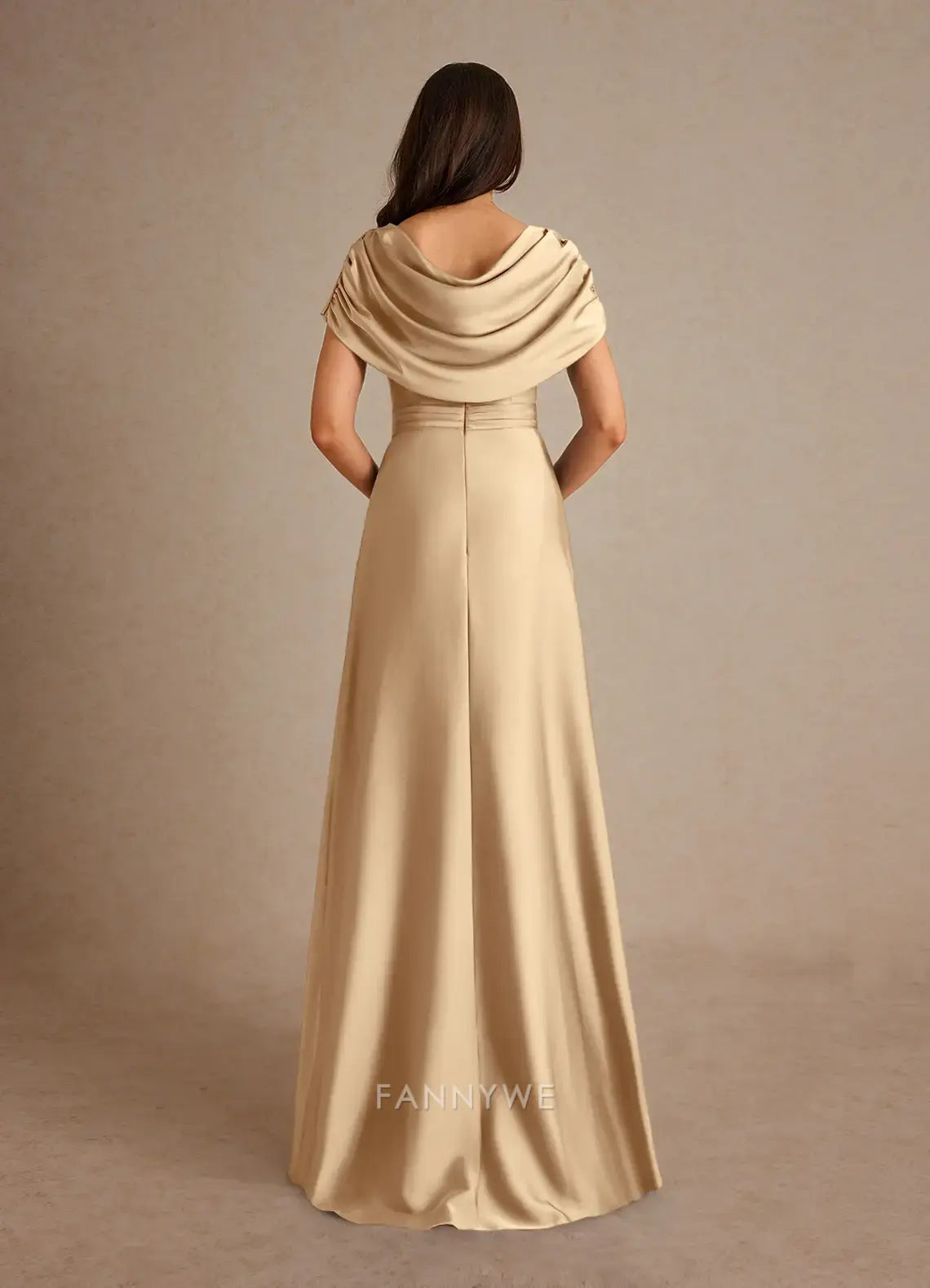 Elegant Plus size A-Line Cowl Neck Satin Maxi Dress with Side Slit and Embellishment Mother of the Bride Dress