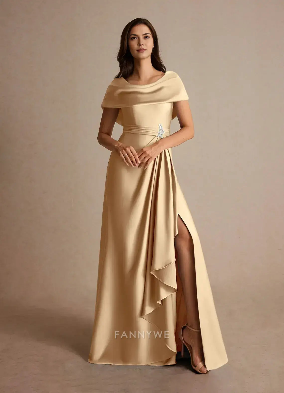 Elegant Plus size A-Line Cowl Neck Satin Maxi Dress with Side Slit and Embellishment Mother of the Bride Dress