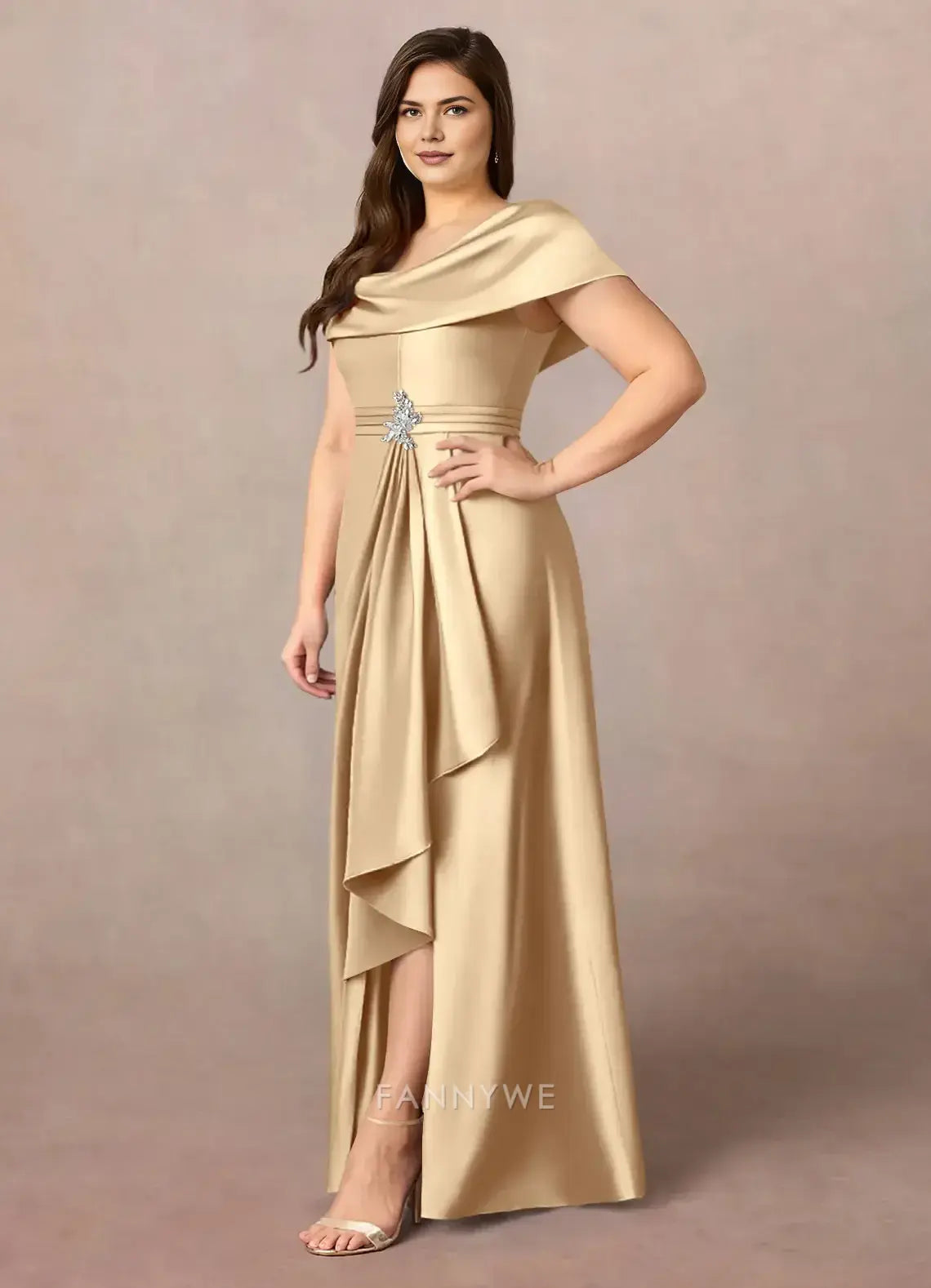 Elegant Plus size A-Line Cowl Neck Satin Maxi Dress with Side Slit and Embellishment Mother of the Bride Dress