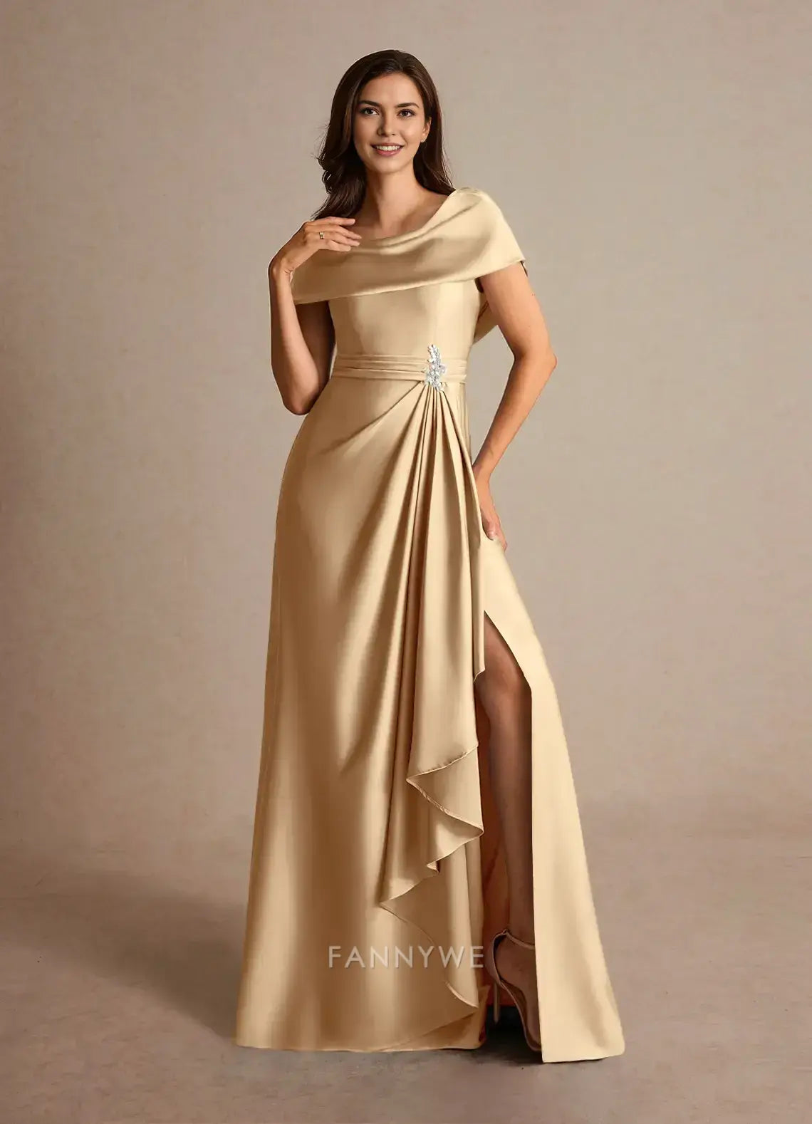 Elegant Plus size A-Line Cowl Neck Satin Maxi Dress with Side Slit and Embellishment Mother of the Bride Dress