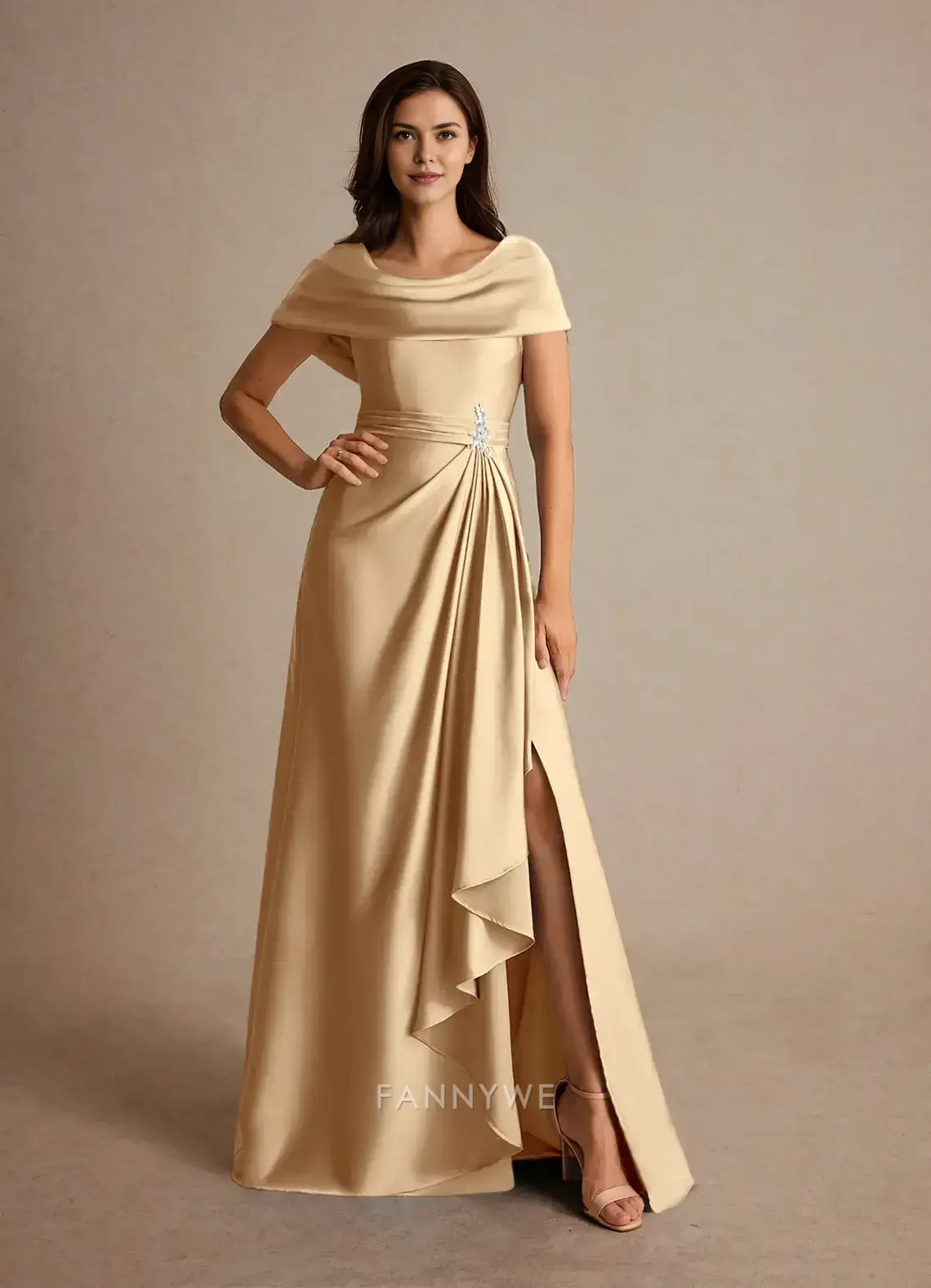 Elegant Plus size A-Line Cowl Neck Satin Maxi Dress with Side Slit and Embellishment Mother of the Bride Dress