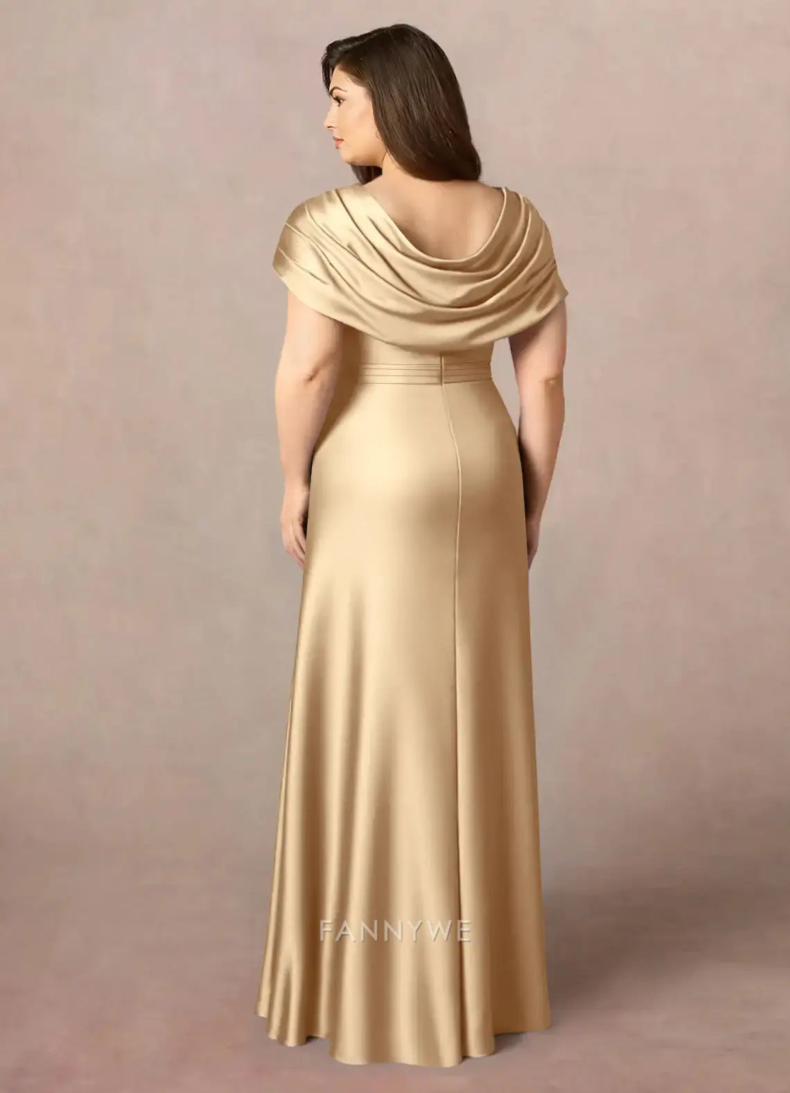 Elegant Plus size A-Line Cowl Neck Satin Maxi Dress with Side Slit and Embellishment Mother of the Bride Dress