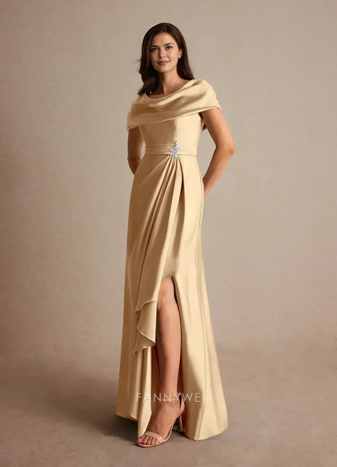 Elegant Plus size A-Line Cowl Neck Satin Maxi Dress with Side Slit and Embellishment Mother of the Bride Dress
