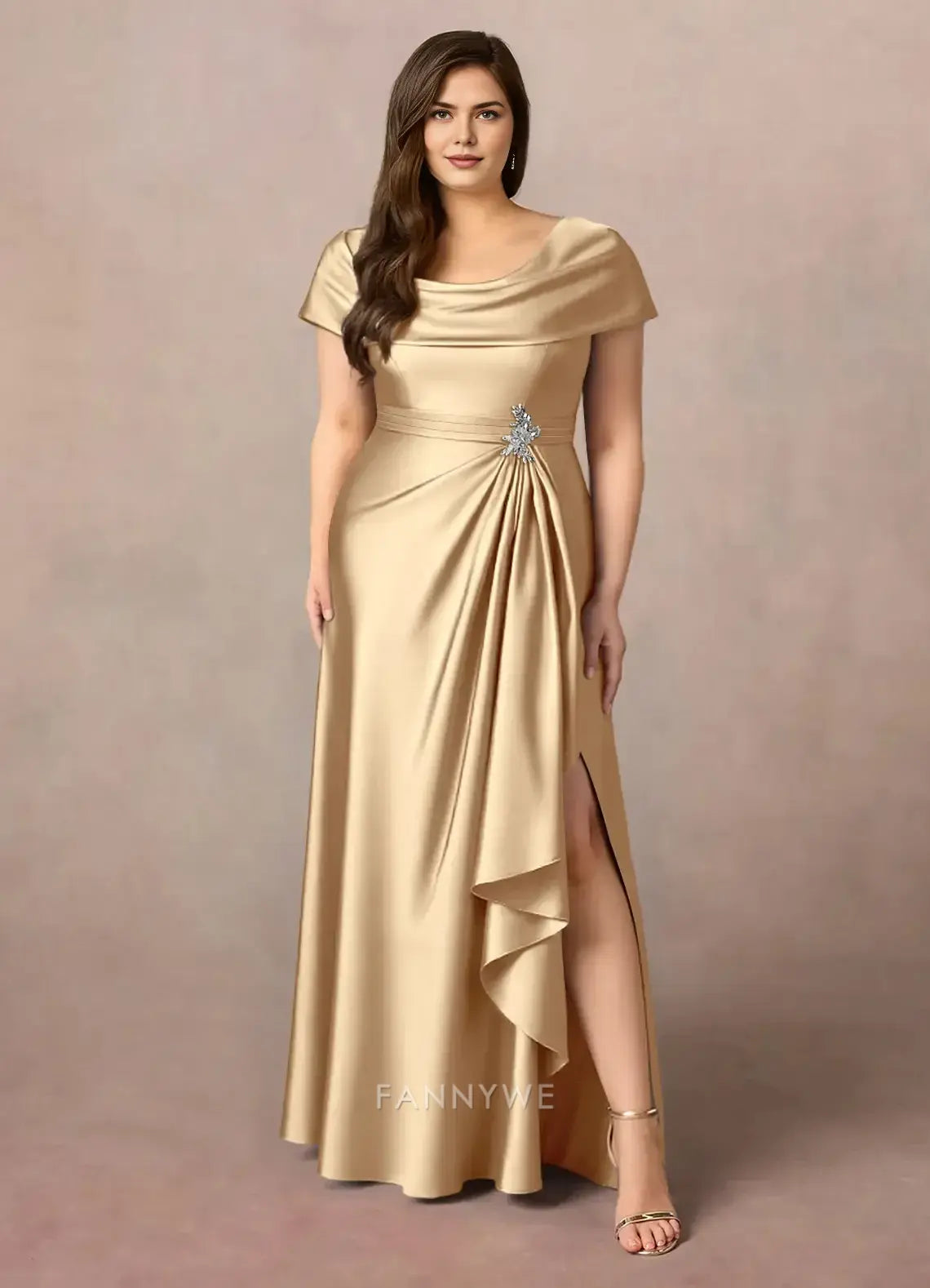 Elegant Plus size A-Line Cowl Neck Satin Maxi Dress with Side Slit and Embellishment Mother of the Bride Dress