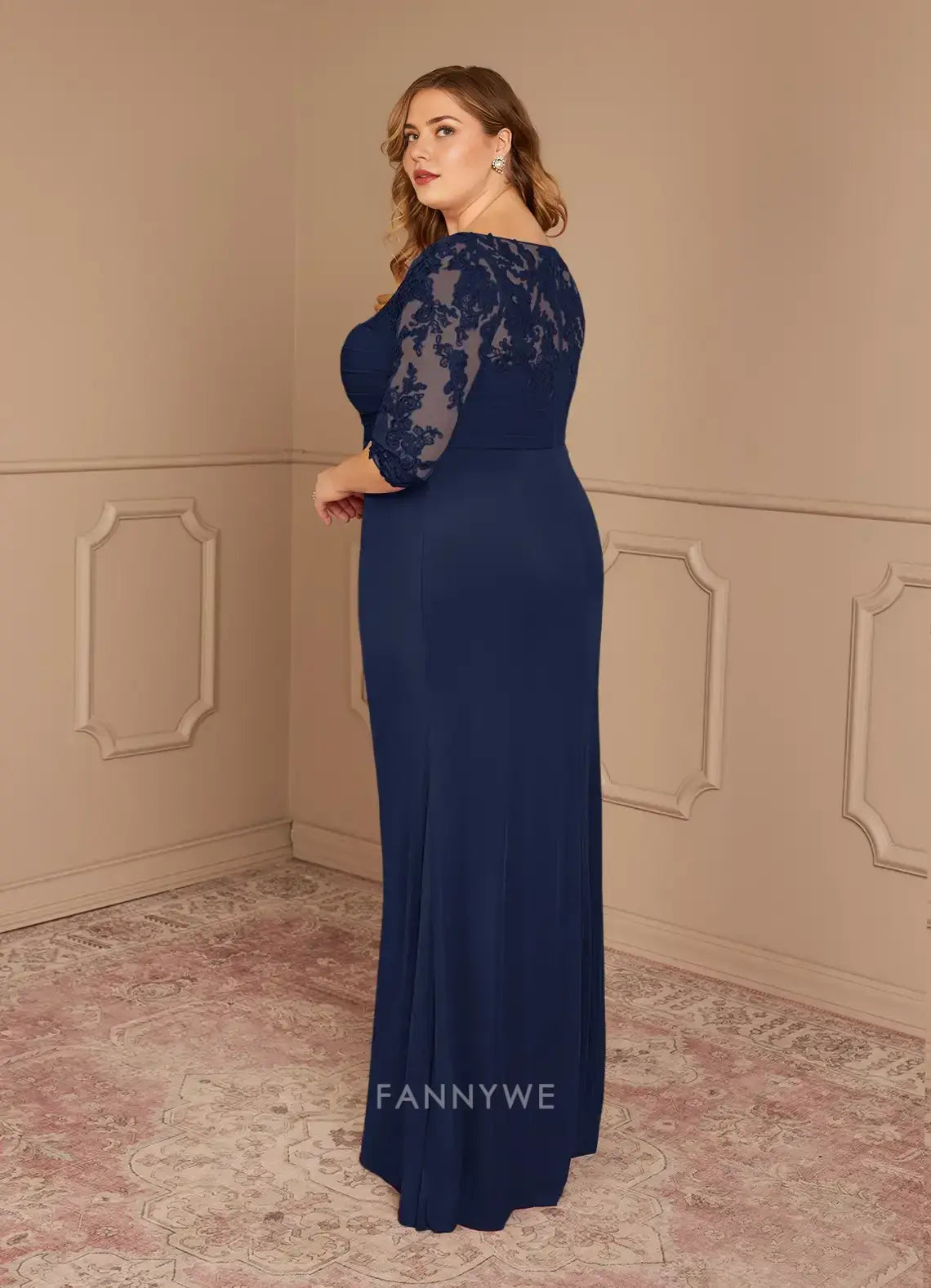 Elegant Plus size Lace Embellished Boat Neck Three - Quarter Sleeve Mermaid Maxi Dress Mother of the Bride Dress