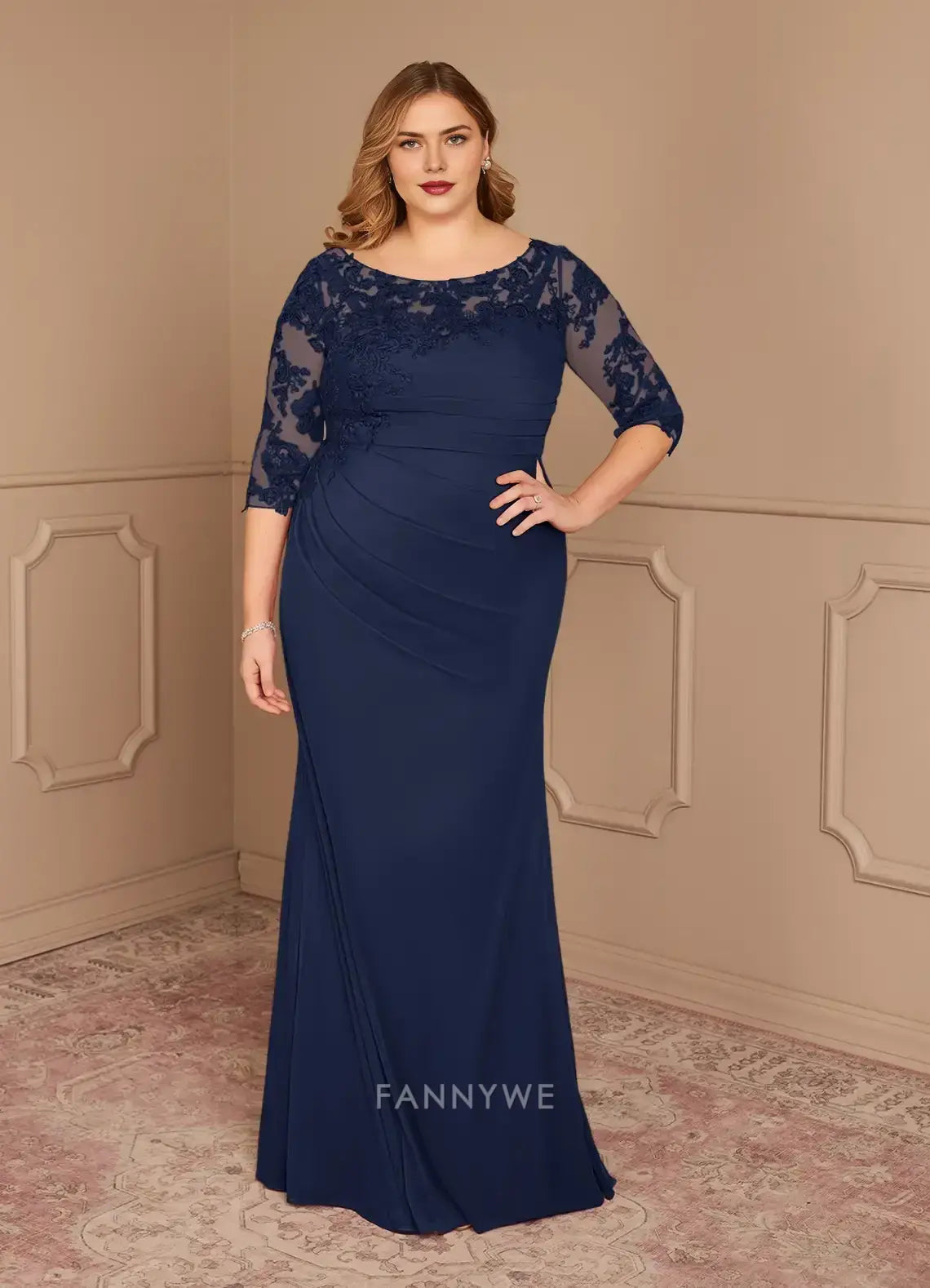 Elegant Plus size Lace Embellished Boat Neck Three - Quarter Sleeve Mermaid Maxi Dress Mother of the Bride Dress